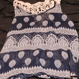 No Boundaries Navy and White Crochet Detail Top